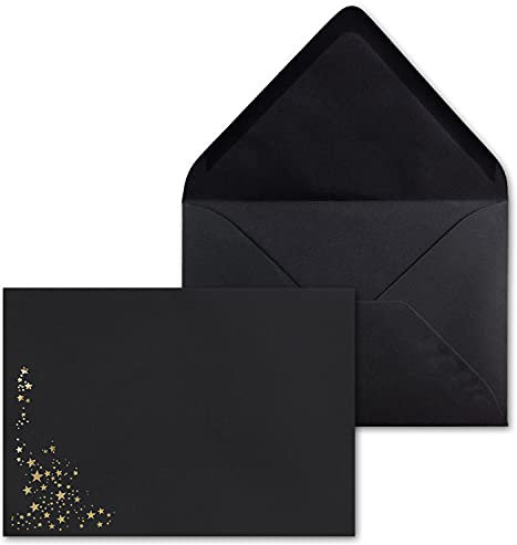 25x Weihnachts-Briefumschläge - DIN C5 - mit Gold-Metallic geprägtem Sternenregen, festlich matter Umschlag in Schwarz - Nassklebung, 110 g/m² - 154 x 220 mm - Marke: GUSTAV NEUSER