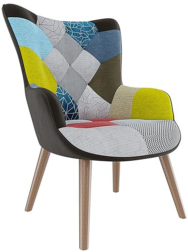 Kusofa - Poltrona Patchwork Memory Foam con Braccioli. Imbottita con Schienale Alto E Piedi in Legno, Design per Ufficio, Studio, Salotto, Soggiorno, 76 x 68 x 98 cm (Multicolore)