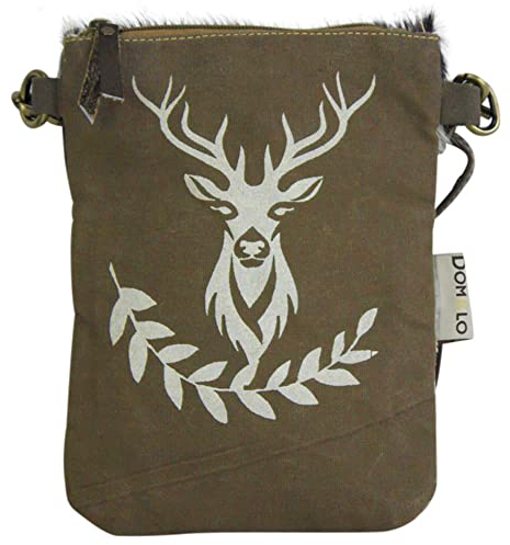 Domelo Dirndltasche. Kleine Umhängetasche. Trachtentasche für Handy. Oktoberfest Tracht Tasche mit Hirsch aus Canvas & Kuhfell