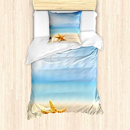ABAKUHAUS Seestern Bettbezug Set für Einzelbetten, Scallop Sea Star, Milbensicher Allergiker geeignet mit Kissenbezug, Hellblau Beige