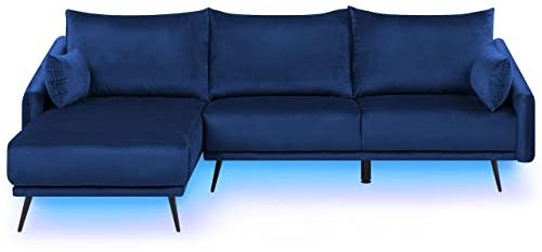 Beliani 3-Sitzer Ecksofa LED Samt Marine blau Sofa mit Kissen Chaiselongue rechts Varde