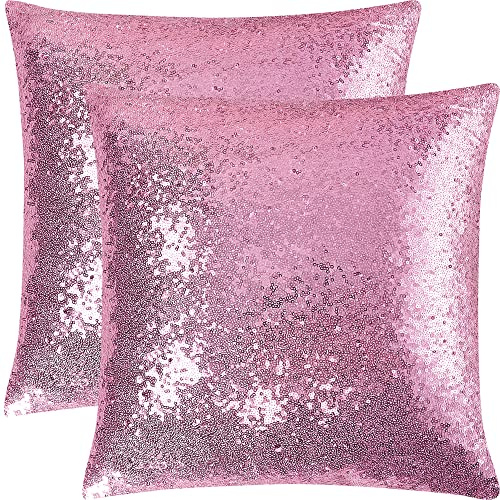 PiccoCasa Kissenbezüge mit Pailletten, glitzernd, glänzend, Satin, 45 x 45 cm, für Weihnachten, Hochzeit, Party, Dekoration – Rosa, 2 Stück