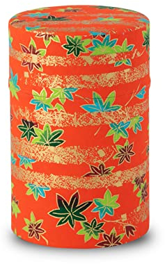 NOREN ] Boîtes à Thé Washi - Japonais 100g (Momizi - Rouge) Boîte en métal/Hermétique et Anti-humidité, Double Couvercle