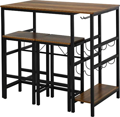 HOMCOM Set Tavolo 2 Sgabelli Alti da Bar in Legno Isola Cucina con Portabottiglie e Portabicchieri in Stile Industriale