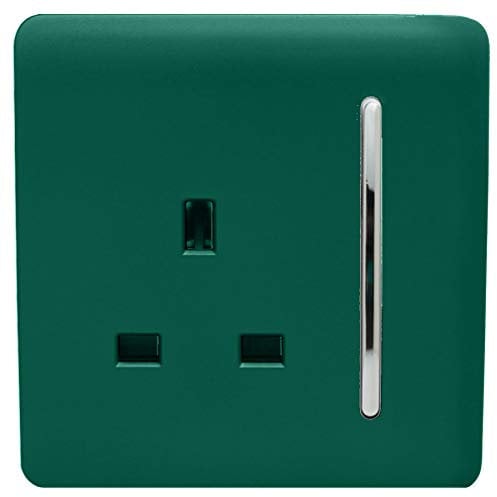 Trendi 1 Gang Raised Artistic Modern Glossy Screwless 13 Amp Single Pole with Chrome Switched UK Standard Electrical Double Wall Plug Socket in Dark Forest Green - ART-SKT13DG