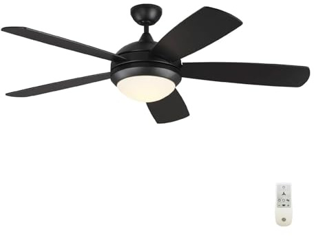 Generation Lighting | 5DISM52MBKD | Discus 52-Inch Indoor 5-Blade Smart Ceiling Fan In Midnight Matte Black Finish With Energy-Efficient Reversible Dc Motor, Remote Control, Integrated Led Light Kit