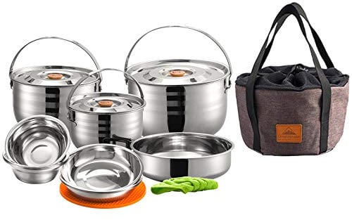 Campingmoon 16-teiliges Camping-Kochgeschirr-Set, Edelstahl, für den Außenbereich, zum Nisten von Kochen, Töpfen, Pfannen, Schüsseln mit Aufbewahrungstasche, Tragetasche MC240
