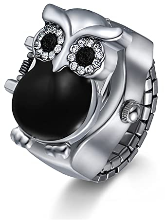 JewelryWe Ringuhr Fingeruhr Damen Analog Quarz Uhr Elastisch Ring Edelstahl Eule Deko Uhr Uhrenring Weiß Schwarz Rot
