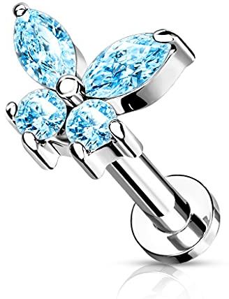 beyoutifulthings 1 Knorpel Ohr-Stecker Zirkonia Schmetterling 8 mm Länge Silber Aqua Cartilage Labret Piercing-s Edelstahl Schraub-Verschluss