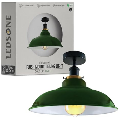 LEDSone Lampada da soffitto retrò vintage con rosone e portalampada in metallo retrò antico Edison E27 IP20 Lampada a vite cablata (Verde)