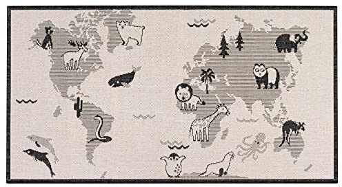 Primaflor Kinderteppich LINIA Weltkarte – 80x150 cm | Straßenteppich für Kinderzimmer in Sisal Optik | Wollweiß-Schwarz | Minimalistisches Design | Oeko-TEX Zertifiziert | Für In- und Outdoor