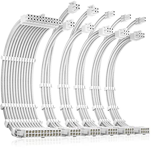 Antec Power Supply Sleeved Cable, PSU Extension Cable Kit / 1x24pin ATX / 2x8pin (4+4) EPS / 3x8pin (6+2) PCI-E, 30cm Length with Combs, Dual EPS White (White Connector)