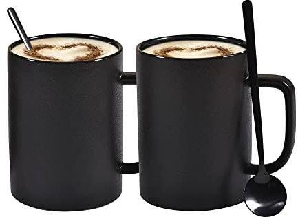 Coffee Mugs, Matte Black Ceramic Mug Set of 2, 13.5 OZ Large Coffee Set with Black Coffee Spoons, Big Cups for Cappuccino Latte or Tea for Home Office Restaurant or Bar, for Men and Women Couple Gift