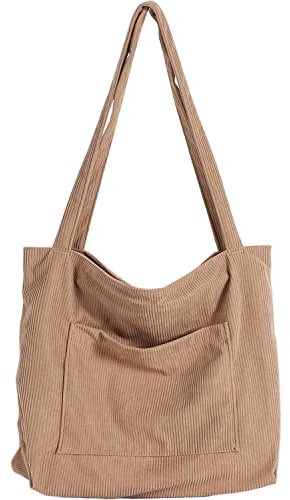 WantGor Cord Tasche Damen Umhängetasche mit Reißverschluss, Groß Handtasche Tote Bag Shopper Schultertaschen für Schule Arbeit Reisen Einkaufen Alltag (Khaki)