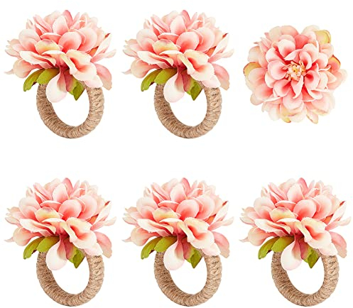 craspire Lot de 6 Ronds de Serviette en Forme de Fleur Orange Artificiels Ronds de Serviette Artificiels Anneaux de Porte-Serviettes Floraux Cordon de Toile de Jute Boucle de Serviette