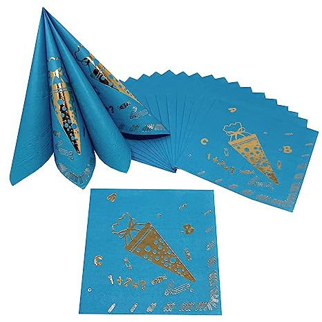 Oblique Unique® 20 Servietten Einschulung Schuleinführung – Deko für Jungen in Blau mit Gold-Design: ABC, Zuckertüte, Stifte – perfekt für Schulanfang