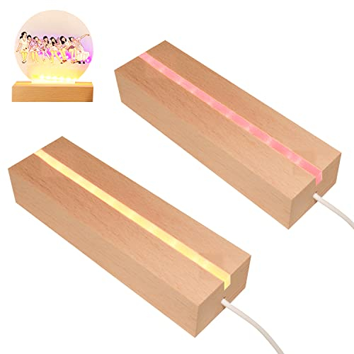 munloo Lot de 2 Socle Lumineux Bois avec LED, Base de Présentation Rectangulaire avec USB, Supports Led Colorés Réglables, Socle Lumineux LED, 7 Couleurs, pour Plaque en Verre et Résine Acrylique