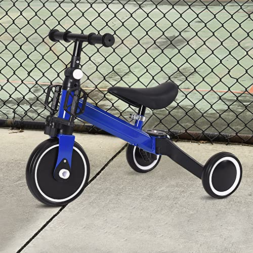 XDAILUYYDS Kleinkind-Dreirad, Kinderfahrrad Laufrad mit Abnehmbaren Zusammenklappbaren Pedalen, Dreirad mit Verstellbaren Sitzen, Lauflernhilfe für Kinder ab 1 Jahr bis 4 Jahre (Ohne Putter-Blau)