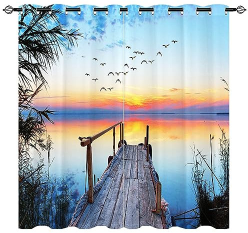 YUANZU Landschaft Vorhänge Holz Brücke Fluss See Szene Vögel Ösen Gardinen mit Blickdichte Vorhang Kälteschutz Blackout Curtain Wohnzimmer Schlafzimmer Verdunkelung Fenster, 2 Stück, H 245 x B 140 cm