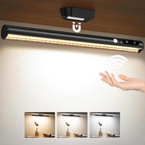 Moslumin Motion Sensor LED Light Bar Indoor, Rechargeable Under Cabinet Kitchen Lights, Magnetic Battery Powered Operated Wall Strip Lights with Remote Control for Shelf Mirror Indoor – Black