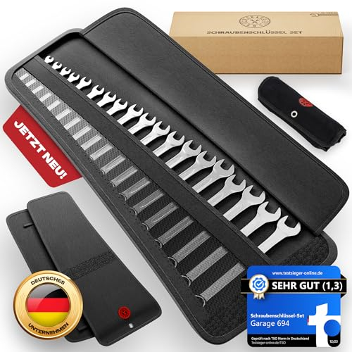 Garage 694® Schraubenschlüssel Set 19-teilig [SW6-24mm] in robuster Rolltasche, flexibel einsetzbar, Aufhängen, Mitnehmen, Platzsparend