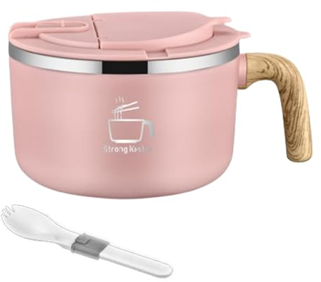 Tuzsocr Bol à ramen en acier inoxydable,Bols de Nouilles Instantanées(1200ML),Bol à Soupe avec Couvercle,Bol Pâtes avec Cuillère Pliante,Poignée en Grain de Bois,pour Ramen Japonais Udon Soba (Rose)