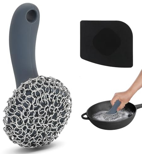 TMEDW Cast Iron Scrubber | 316 Stainless Steel & Silicone Chainmail Scrubber + ABS Plastic Scraper for Cast Iron Pan Skillet Cleaner - Dishwasher Safe, Grey, 2 Count