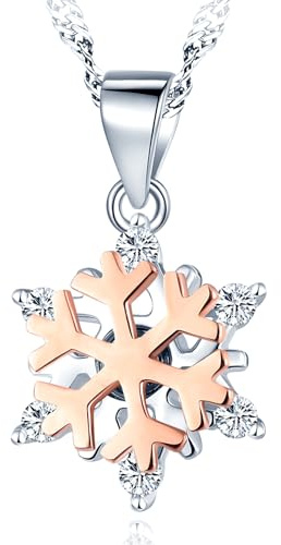MICMIF Damen Kette 925 Silber Schneeflocke Halskette Drehbar, Silber und Roségold, Zirkonia Schneeflocke Anhänger mit Silberkette 45 cm Schmuck für Frauen Mädchen