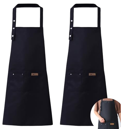 YapitHome 2 Stücke Schürze Küche Schwarz kochschürze Baumwolle Verstellbare Schürze mit 3 Taschen Verwendet in Küche,Zuhause,Restaurant,Café,Kantine