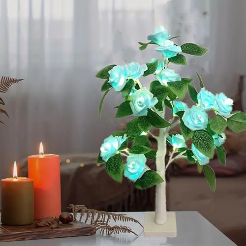 Arbre à Roses Lumineux de Table, Mini bonsaï Lumineux avec Fleur de Rose Bleu Clair, Lampe d'arbre de Saint-Valentin pour cheminée, Chambre à Coucher, décoration de fête de Mariage, 55 cm
