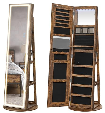 SONGMICS LED Mirror Jewellery Cabinet Standing, Lockable Jewellery Armoire with Full-Length Mirror and Adjustable LED Lights, Space-Saving Jewellery Organiser, Gift Idea, Rustic Brown JJC008X02