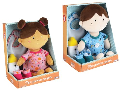 Jemini Mein erstes Babypuppe, 2 Stück, Stoffpuppen, +/- 30 cm, Jade La Brune und Jules der Junge, Mehrfarbig
