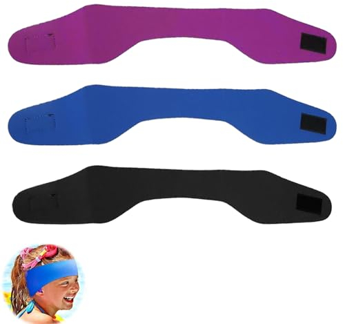 Schwimm Stirnband Erwachsene Kinder, 3 Stück Elastische Schwimmband, Neopren Schwimm Stirnbänder, Schwimmstirnband Größe M, Zum Gehörschutz Schwimmer Von Erwachsenen Und Kindern (Schwarz/Blau/Lila)