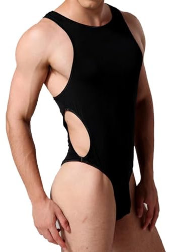 Faringoto Herren-Overall, Eisseide, Wrestling-Unterhemd, ärmellos, athletischer Supporter, Turnanzug, Sportbody, Schwarz, Einheitsgröße