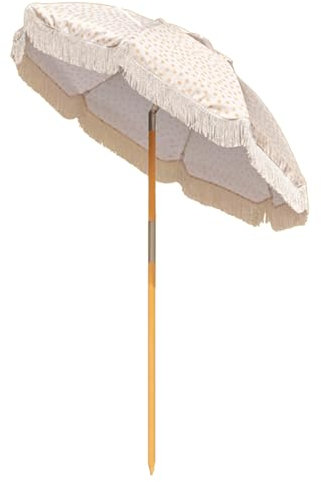 YFZNWHX Parasol De Terrasse Ø180cm Avec Franges, Embellissement À Pois Orange, Parasols De Marché Avec Auvent Résistant Aux UV Et À L'eau UPF 50+, Mât En Bois De 3,5cm Et Fonction D'inclinaison