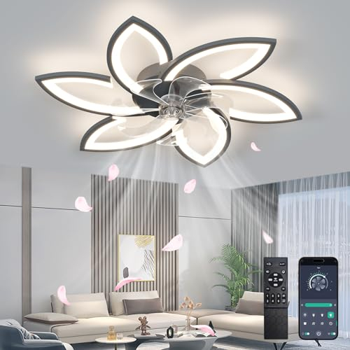 Depuley Deckenventilator mit Beleuchtung, Modern Deckenventilator mit Fernbedienung App Steuerung, Lampe mit Ventilator Reversibel Für Esszimmer Kinderzimmer 6 Licht Dimmbar,6-Gang,Timer,Schwarz,78CM
