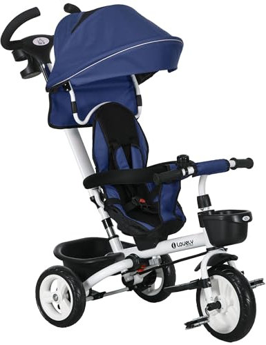 HOMCOM Triciclo per Bambini con Maniglione Multiuso, Passeggino per Bambini Parasole Regolabile, Cintura di Sicurezza e Cestino, Blu Scuro