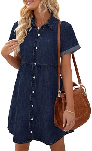 Vetinee Robe d'été en jean pour femme - Manches courtes - Boutonnée - Robe décontractée - Robe chemise, bleu crépuscule, XL