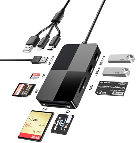 Memory Stick pro Duo Adapter Reader, SD/TF/MS/CF/XD Card Reader for iPhone/iPad/Computer/USB C Device, 8 in 1 Lightning+USB A+USB C Multi Memory Card Reader with 3 USB 2.0 Ports, SD Card Reader