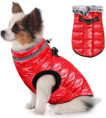 Eyein Wasserdichter Hundemantel mit Geschirr, Fleece Rollkragen Warme Hundewinterjacke mit doppeltem Reißverschluss, reflektierende Hundeschneejacke für kleine mittlere große Hunde, Rot, XS
