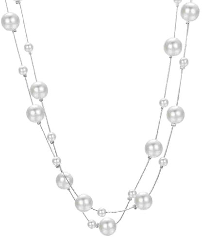 Aleasha Lange Perlenkette Damen Mehrlagige Weiße Perle Halskette 3 reihige Silber Schmuck