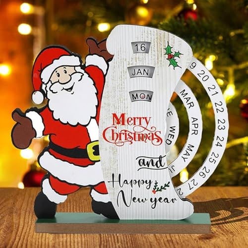 Weihnachtskalender, Holz Weihnachten Schreibtischkalender, manuell drehbarer Kalender, Weihnachtsmann, Glocke, Schneemann, Desktop-Blockkalender für Heimdekoration