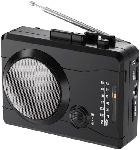 Portable Cassette Player Tape Recorder, Cassette Tape to MP3 Digital Converter, AM/FM Radio Station, Reverse Recording - Record from PC to Blank Tapes(Black)