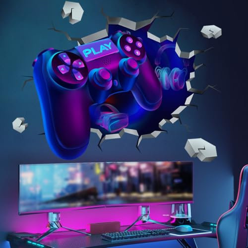 Purekay 3D Wandtattoo Gamer Wandaufkleber Gaming Controller Blau Violett Gamer Poster Wandtattoo Kinderzimmer Jungen Videospiel Wandstikcer für Jugendzimmer Deko Geschenk