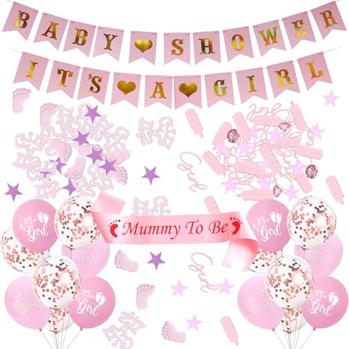 Baby Shower Decorations Balloons Girl - 20 PC Pink Baby Girl Banner Set | 20 Pcs Pink It Is A Girl Banner Shoulder Strap Glitter Confetti Latex Balloon for Baby Girls Shower Gender