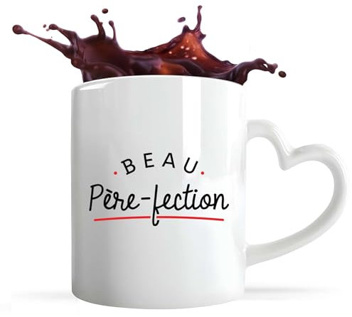 Otshirt Tasse Coeur Beau Père-Fection | Mug avec anse en forme de Coeur | Idée Cadeau Beau-Papa Humour Original Noël Anniversaire Famille Amour Fête des Pères