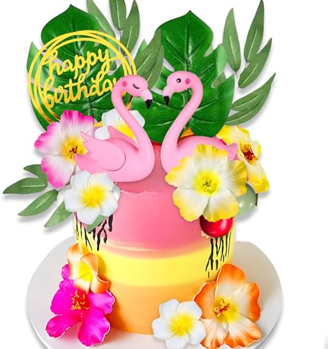 JeVenis Tropische Flamingo Tortenaufleger Luau Tortendekoration Hawaii Tortendekoration Strand Tortenaufleger Dekorationen für Geburtstag Babydusche Braut Dusche Hochzeit
