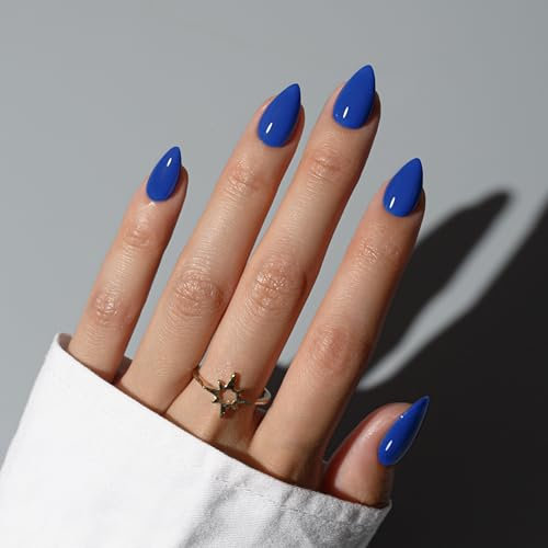 KQueenest Royal Blue Press on Nails Short Almond, Short False Nails Press ons, Sheer Bright Blue Fake Nails Medium Stiletto, Glossy Opaque, Reusable Soft Gel Stick on Nail for Women, 30 Pcs