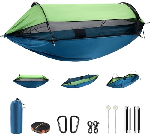 Airship Camping Tent – Waterproof 210T Nylon with No-See-Um Mesh, Lightweight Hanging Shelter for Outdoor Adventures, Includes Reflective Stakes & 3M Tree Straps (Peacock Green/Apple Green)