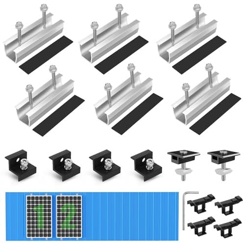BOSYTRO Staffe Pannelli Fotovoltaici per 2 Modulo, Binario da Argento 12CM + Clip per lo Scolo dell'Acqua 30MM + Morsetto Regolabile per Moduli Spessi Tra 30-35MM, per Tetto Piatto o Tegole in Acciaio
